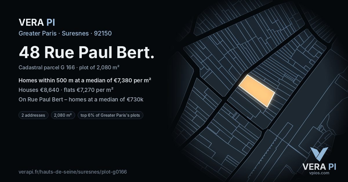 48 Rue Paul Bert, Suresnes at night – the plot lit, the parcels around coloured by the prices near them