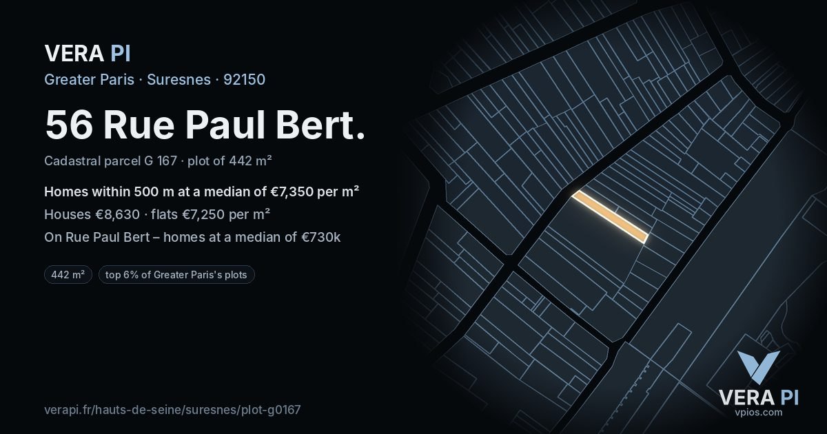 56 Rue Paul Bert, Suresnes at night – the plot lit, the parcels around coloured by the prices near them