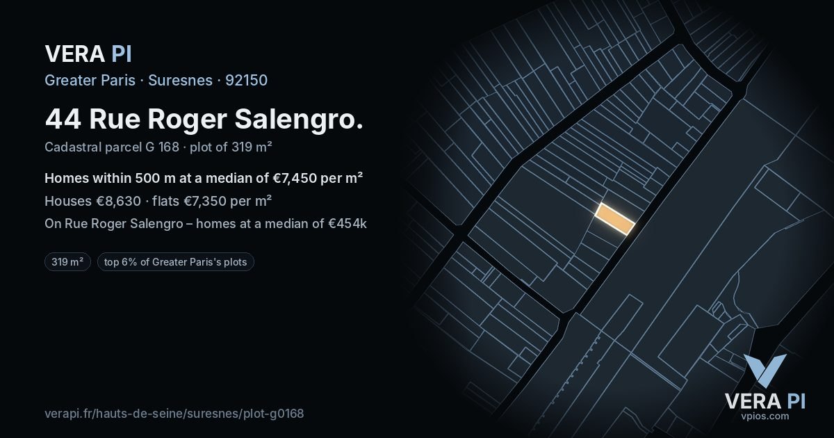 44 Rue Roger Salengro, Suresnes at night – the plot lit, the parcels around coloured by the prices near them