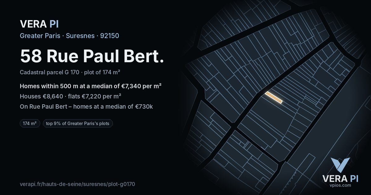 58 Rue Paul Bert, Suresnes at night – the plot lit, the parcels around coloured by the prices near them