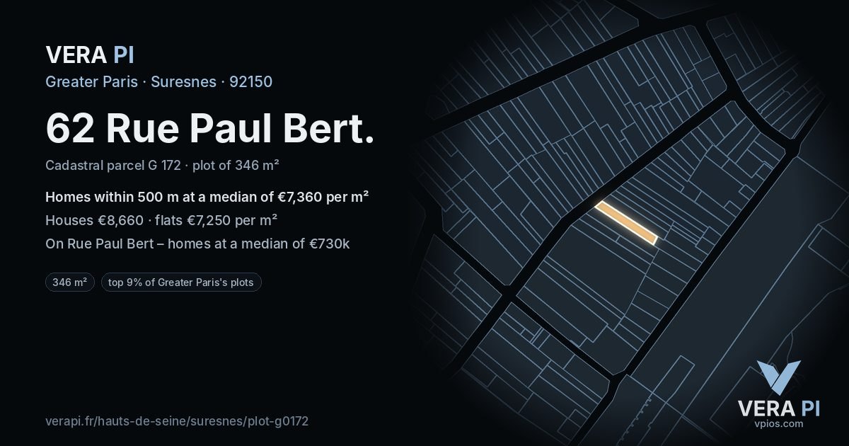 62 Rue Paul Bert, Suresnes at night – the plot lit, the parcels around coloured by the prices near them