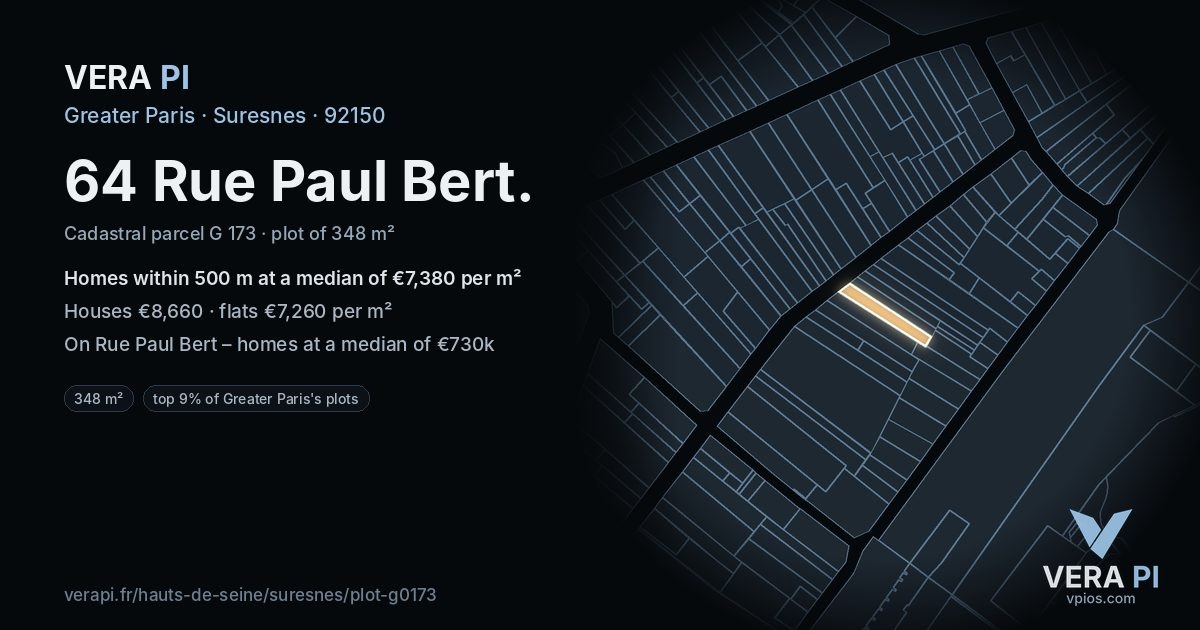 64 Rue Paul Bert, Suresnes at night – the plot lit, the parcels around coloured by the prices near them