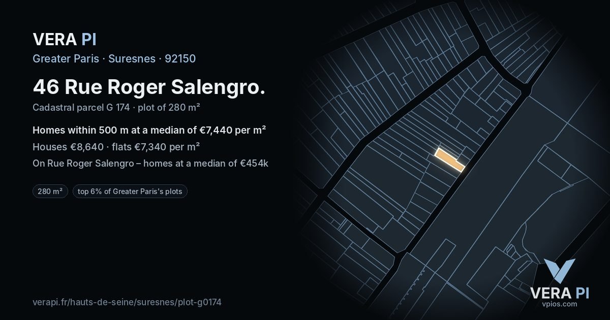 46 Rue Roger Salengro, Suresnes at night – the plot lit, the parcels around coloured by the prices near them