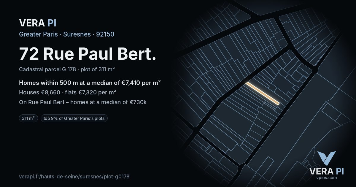 72 Rue Paul Bert, Suresnes at night – the plot lit, the parcels around coloured by the prices near them