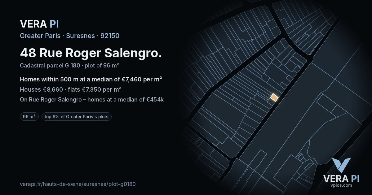 48 Rue Roger Salengro, Suresnes at night – the plot lit, the parcels around coloured by the prices near them