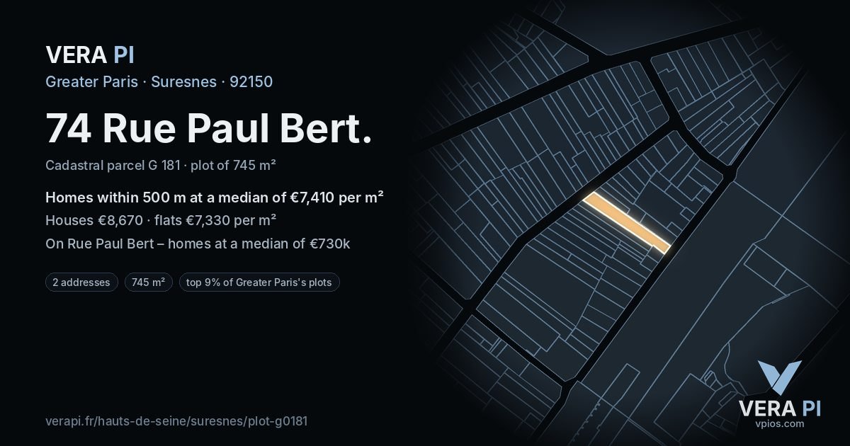 74 Rue Paul Bert, Suresnes at night – the plot lit, the parcels around coloured by the prices near them