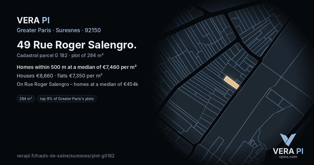 49 Rue Roger Salengro, Suresnes at night – the plot lit, the parcels around coloured by the prices near them