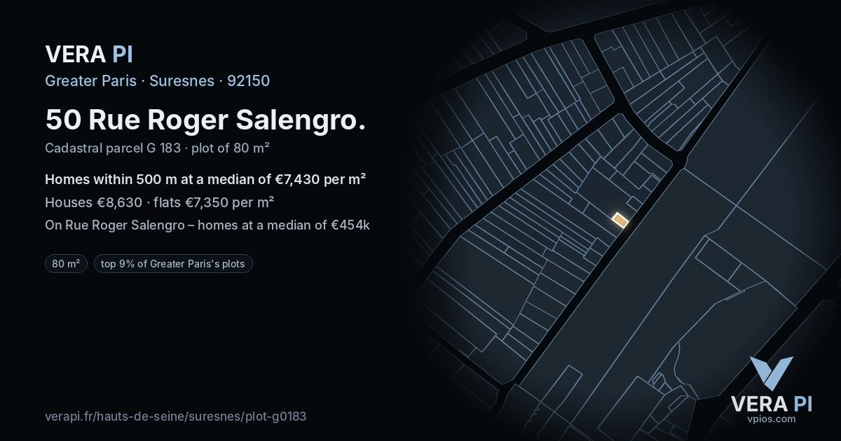50 Rue Roger Salengro, Suresnes at night – the plot lit, the parcels around coloured by the prices near them