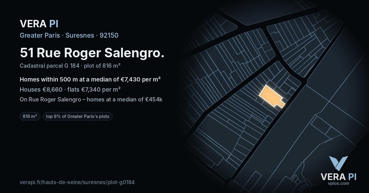 51 Rue Roger Salengro, Suresnes at night – the plot lit, the parcels around coloured by the prices near them