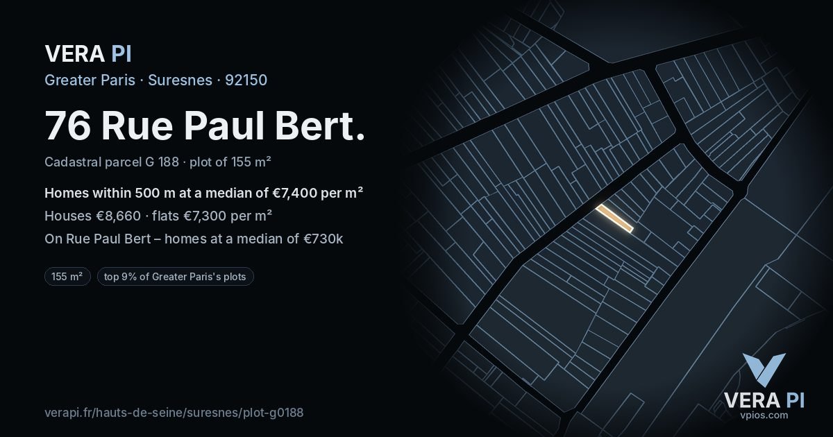 76 Rue Paul Bert, Suresnes at night – the plot lit, the parcels around coloured by the prices near them