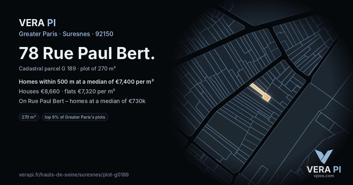 78 Rue Paul Bert, Suresnes at night – the plot lit, the parcels around coloured by the prices near them