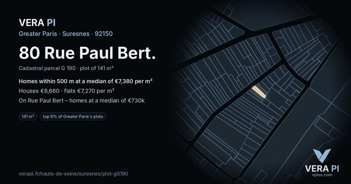 80 Rue Paul Bert, Suresnes at night – the plot lit, the parcels around coloured by the prices near them