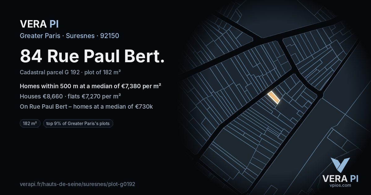 84 Rue Paul Bert, Suresnes at night – the plot lit, the parcels around coloured by the prices near them
