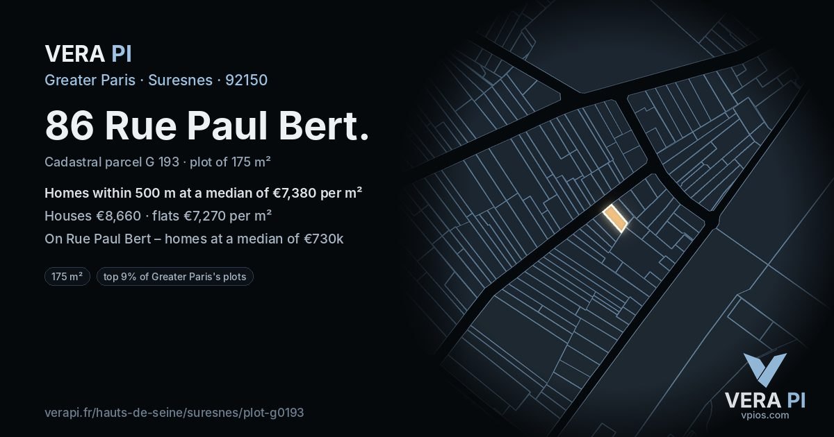 86 Rue Paul Bert, Suresnes at night – the plot lit, the parcels around coloured by the prices near them