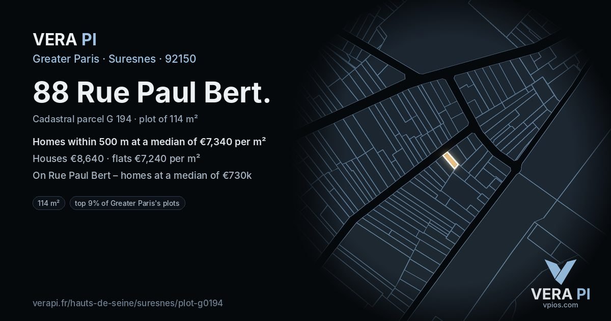 88 Rue Paul Bert, Suresnes at night – the plot lit, the parcels around coloured by the prices near them