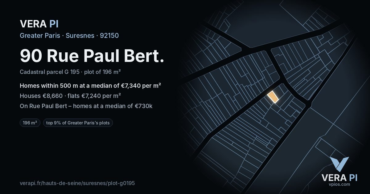 90 Rue Paul Bert, Suresnes at night – the plot lit, the parcels around coloured by the prices near them