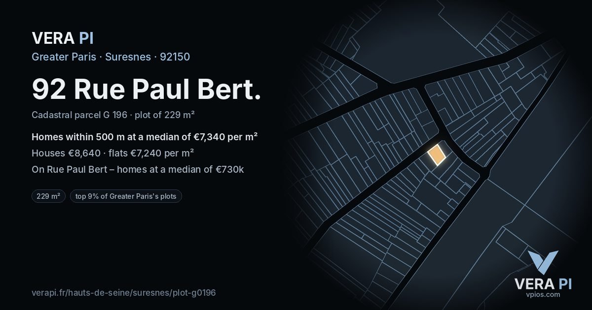 92 Rue Paul Bert, Suresnes at night – the plot lit, the parcels around coloured by the prices near them