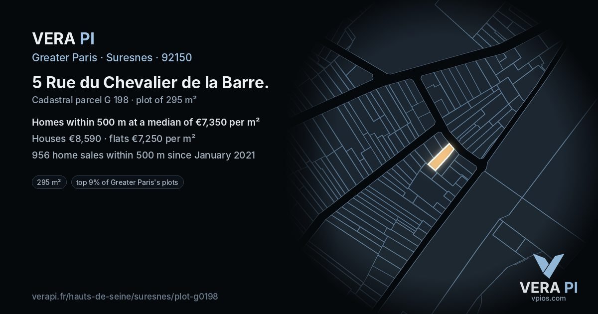5 Rue du Chevalier de la Barre, Suresnes at night – the plot lit, the parcels around coloured by the prices near them