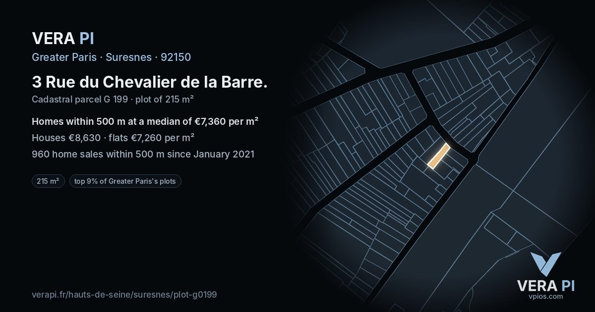 3 Rue du Chevalier de la Barre, Suresnes at night – the plot lit, the parcels around coloured by the prices near them