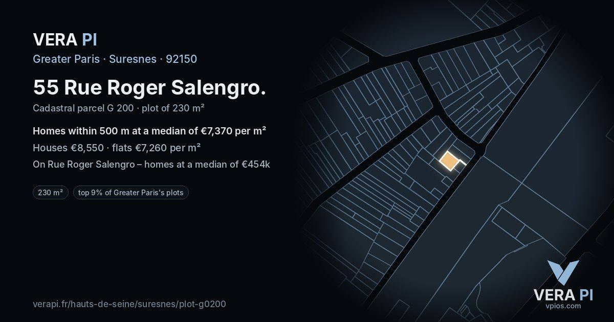 55 Rue Roger Salengro, Suresnes at night – the plot lit, the parcels around coloured by the prices near them