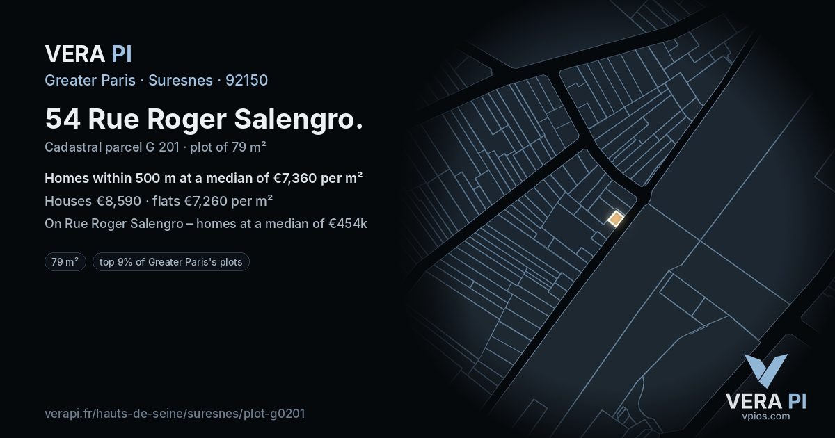 54 Rue Roger Salengro, Suresnes at night – the plot lit, the parcels around coloured by the prices near them