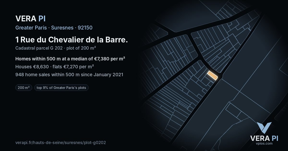 1 Rue du Chevalier de la Barre, Suresnes at night – the plot lit, the parcels around coloured by the prices near them