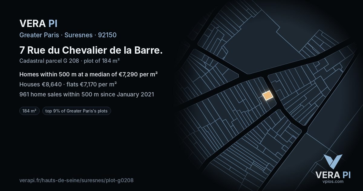 7 Rue du Chevalier de la Barre, Suresnes at night – the plot lit, the parcels around coloured by the prices near them