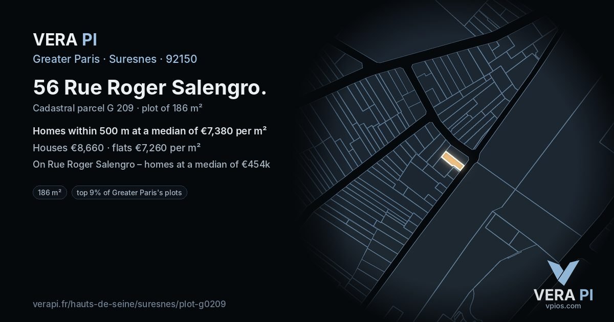 56 Rue Roger Salengro, Suresnes at night – the plot lit, the parcels around coloured by the prices near them