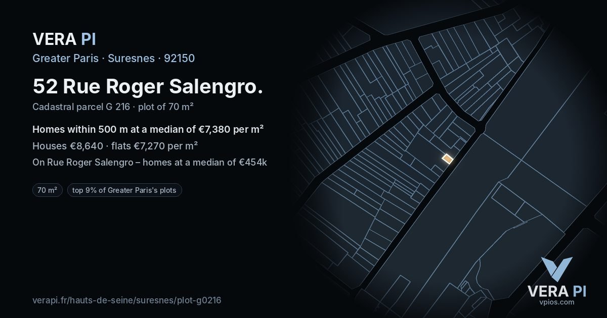 52 Rue Roger Salengro, Suresnes at night – the plot lit, the parcels around coloured by the prices near them