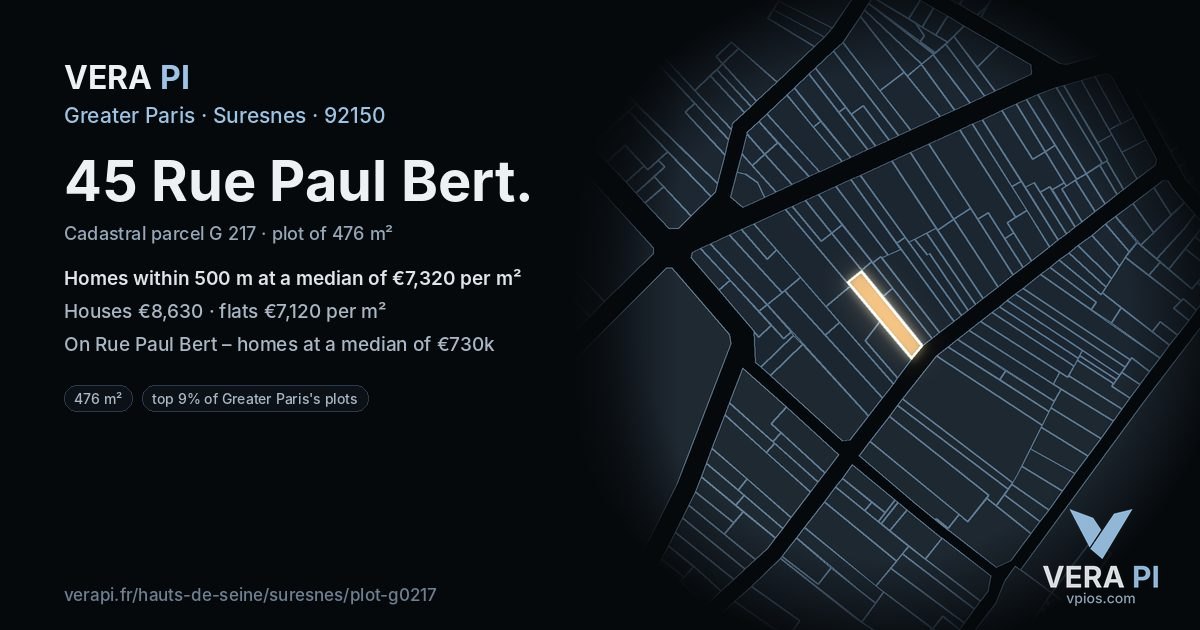 45 Rue Paul Bert, Suresnes at night – the plot lit, the parcels around coloured by the prices near them