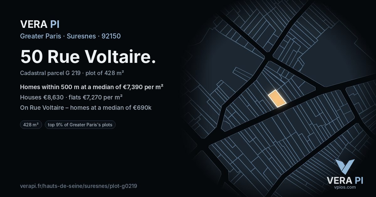 50 Rue Voltaire, Suresnes at night – the plot lit, the parcels around coloured by the prices near them