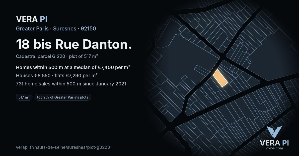 18 bis Rue Danton, Suresnes at night – the plot lit, the parcels around coloured by the prices near them