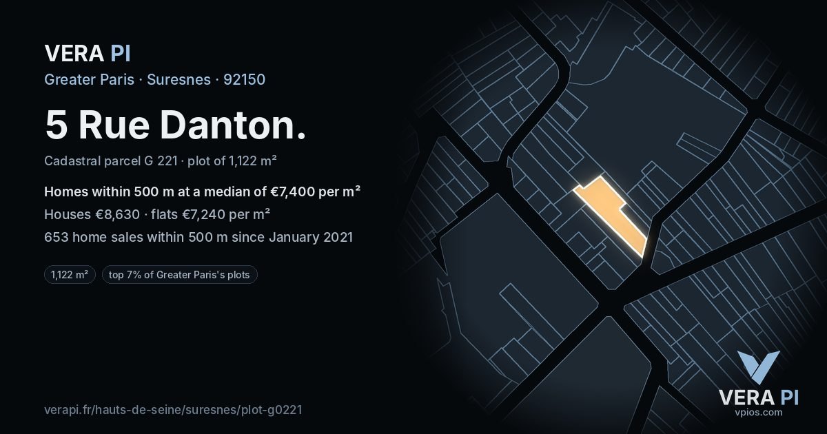 5 Rue Danton, Suresnes at night – the plot lit, the parcels around coloured by the prices near them