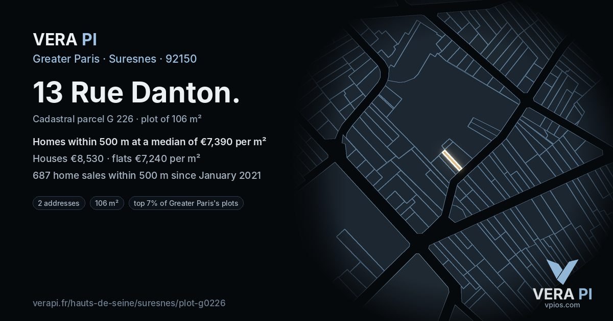 13 Rue Danton, Suresnes at night – the plot lit, the parcels around coloured by the prices near them