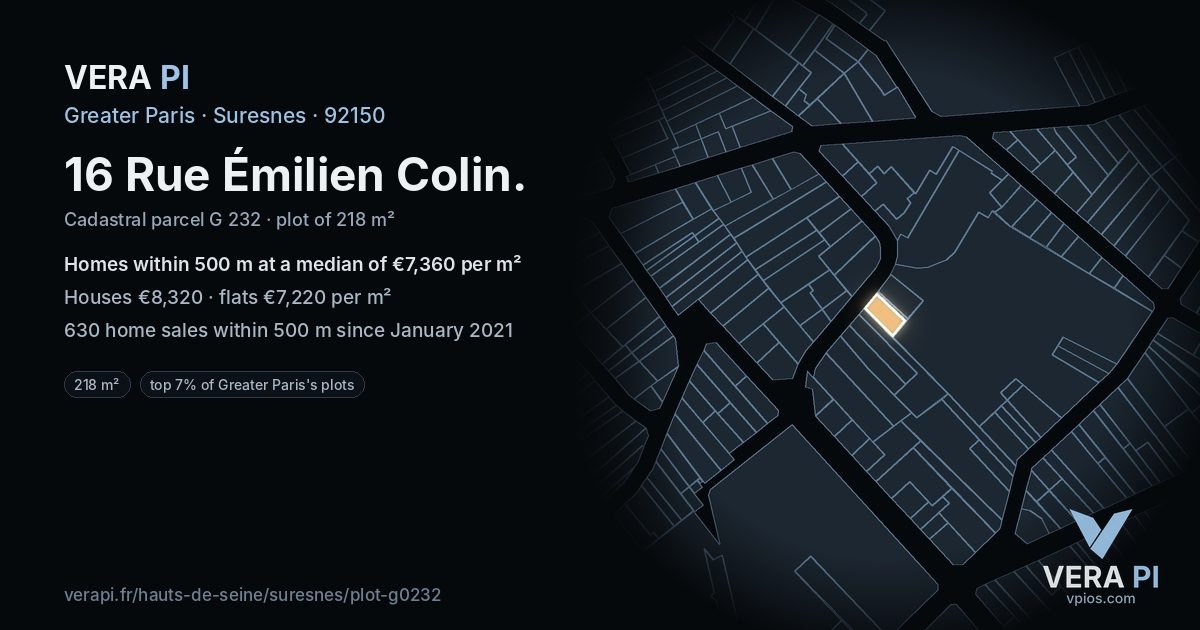 16 Rue Émilien Colin, Suresnes at night – the plot lit, the parcels around coloured by the prices near them