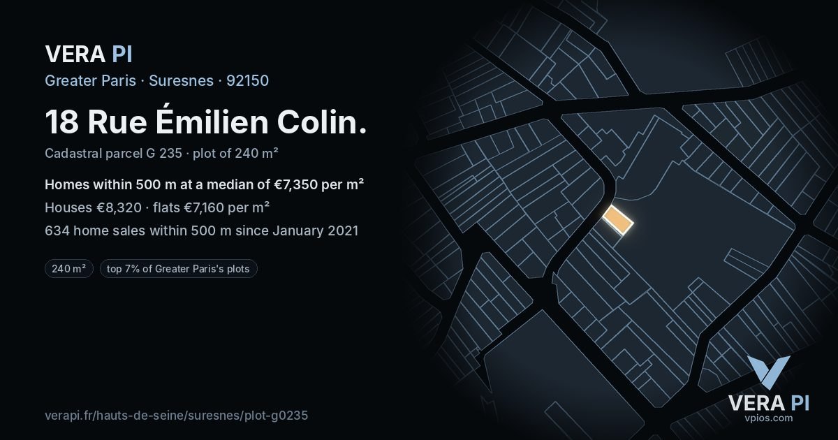 18 Rue Émilien Colin, Suresnes at night – the plot lit, the parcels around coloured by the prices near them