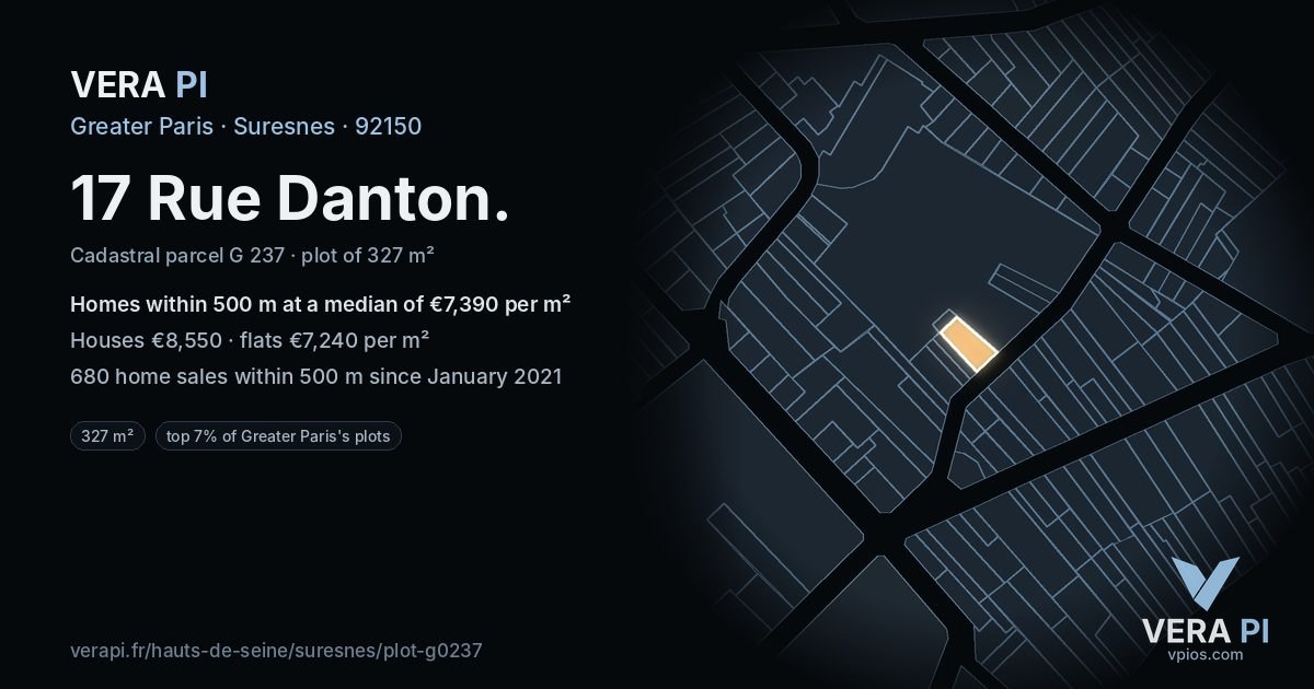 17 Rue Danton, Suresnes at night – the plot lit, the parcels around coloured by the prices near them
