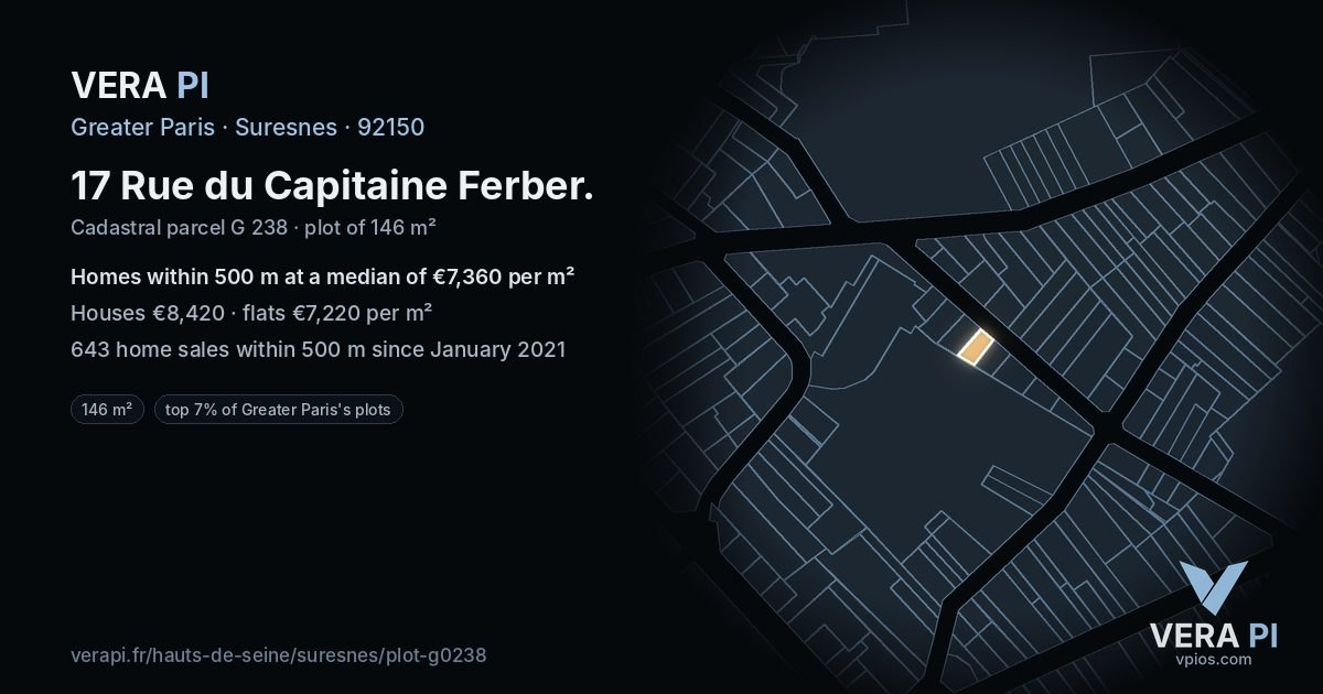17 Rue du Capitaine Ferber, Suresnes at night – the plot lit, the parcels around coloured by the prices near them
