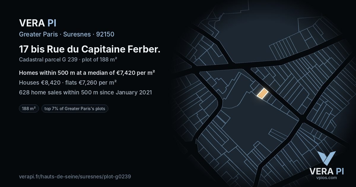 17 bis Rue du Capitaine Ferber, Suresnes at night – the plot lit, the parcels around coloured by the prices near them
