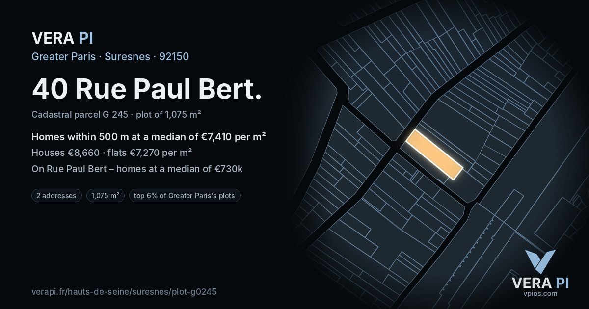 40 Rue Paul Bert, Suresnes at night – the plot lit, the parcels around coloured by the prices near them
