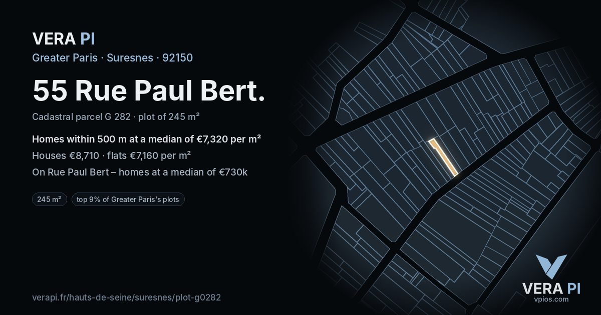 55 Rue Paul Bert, Suresnes at night – the plot lit, the parcels around coloured by the prices near them