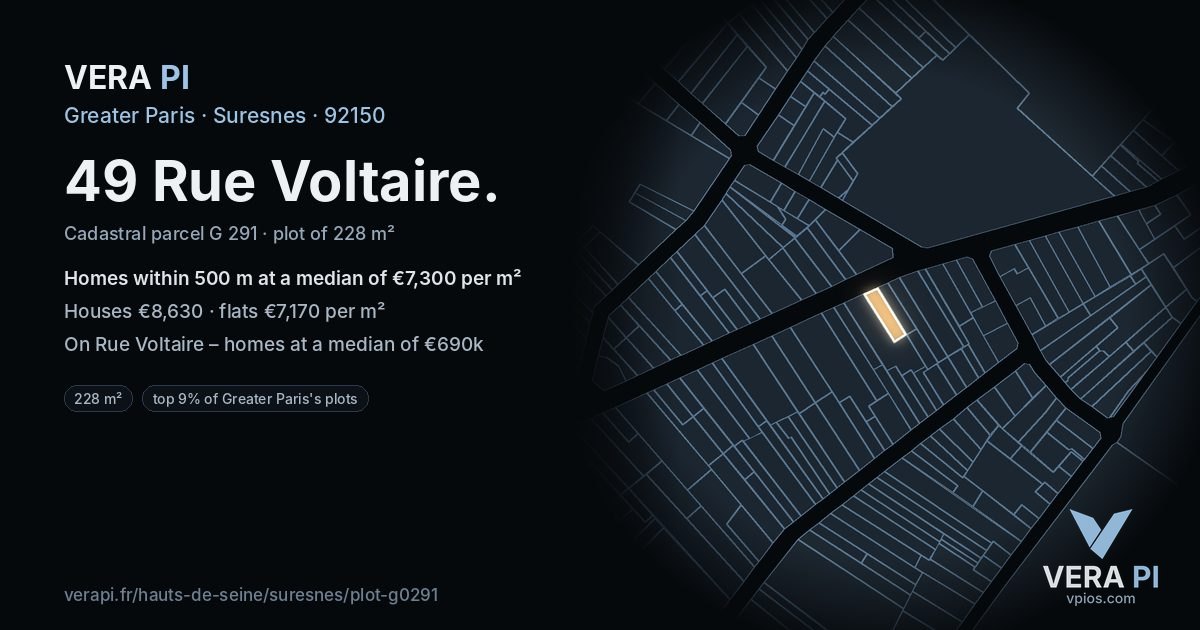 49 Rue Voltaire, Suresnes at night – the plot lit, the parcels around coloured by the prices near them