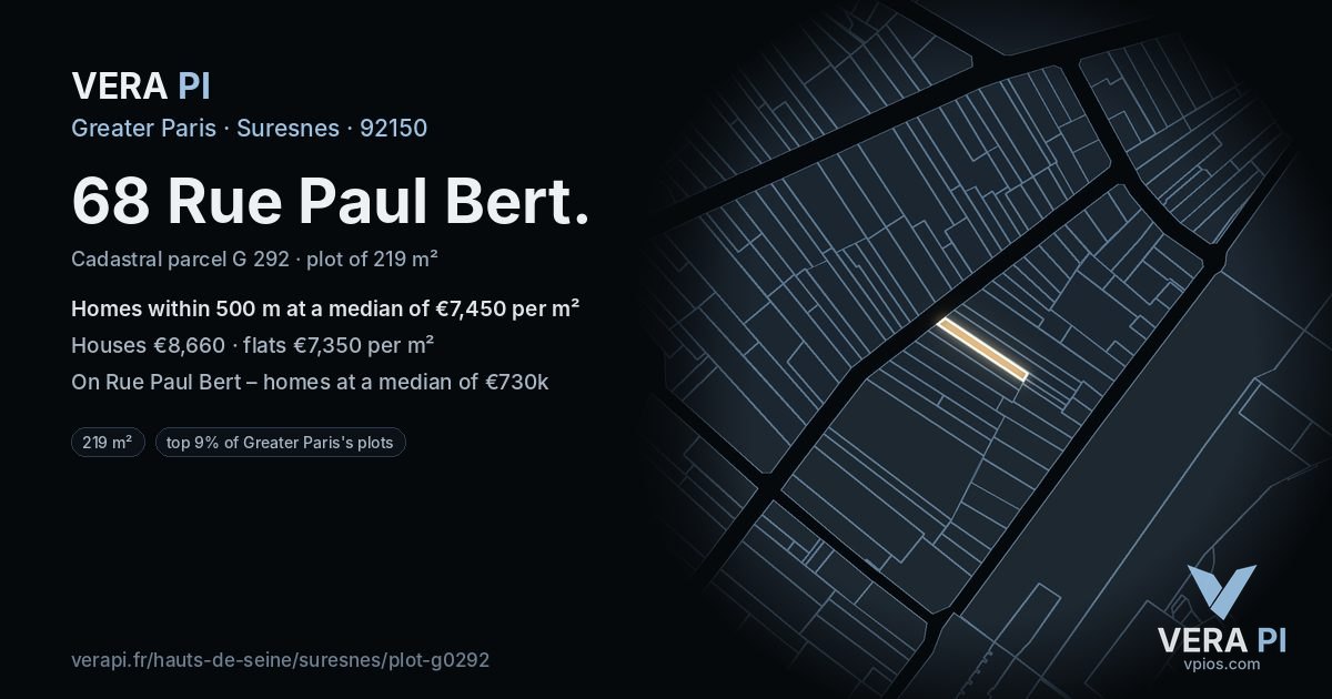 68 Rue Paul Bert, Suresnes at night – the plot lit, the parcels around coloured by the prices near them