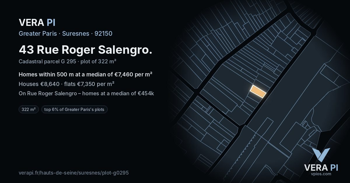 43 Rue Roger Salengro, Suresnes at night – the plot lit, the parcels around coloured by the prices near them