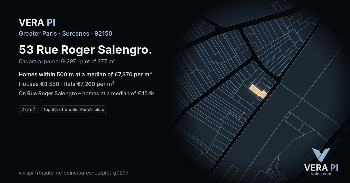 53 Rue Roger Salengro, Suresnes at night – the plot lit, the parcels around coloured by the prices near them