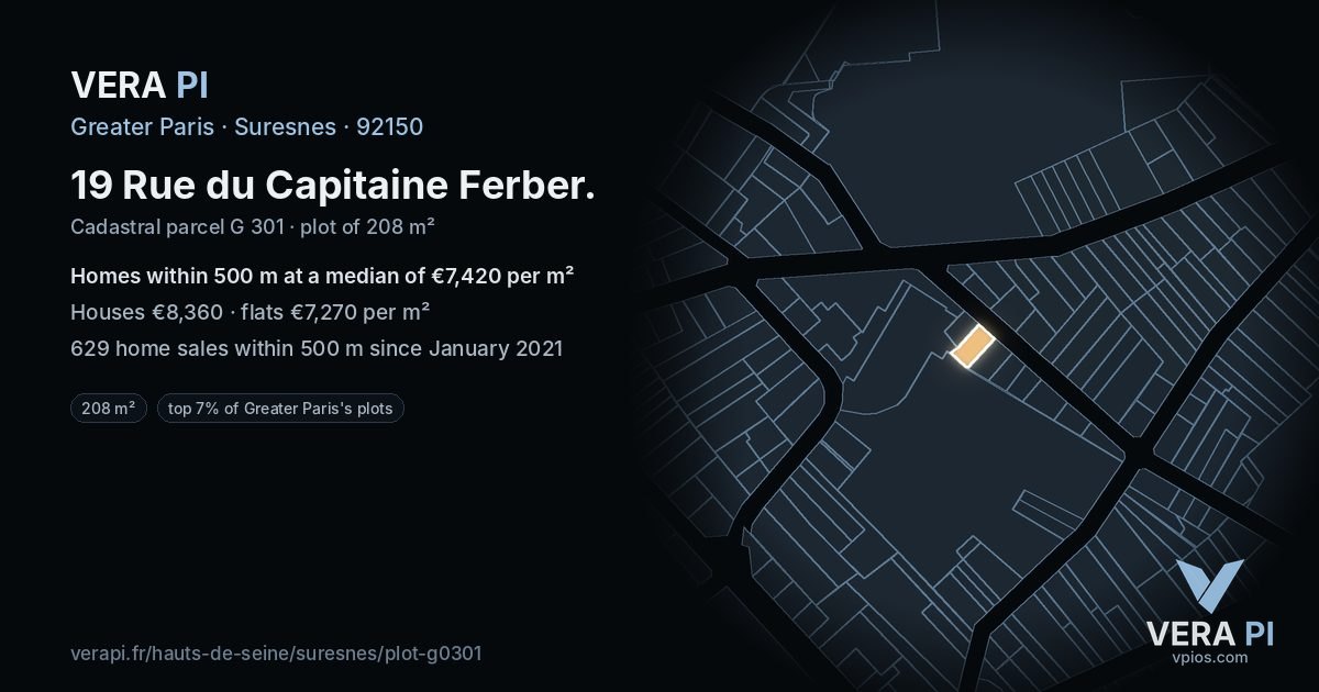 19 Rue du Capitaine Ferber, Suresnes at night – the plot lit, the parcels around coloured by the prices near them