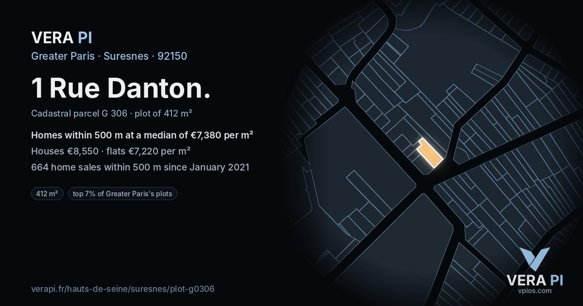 1 Rue Danton, Suresnes at night – the plot lit, the parcels around coloured by the prices near them