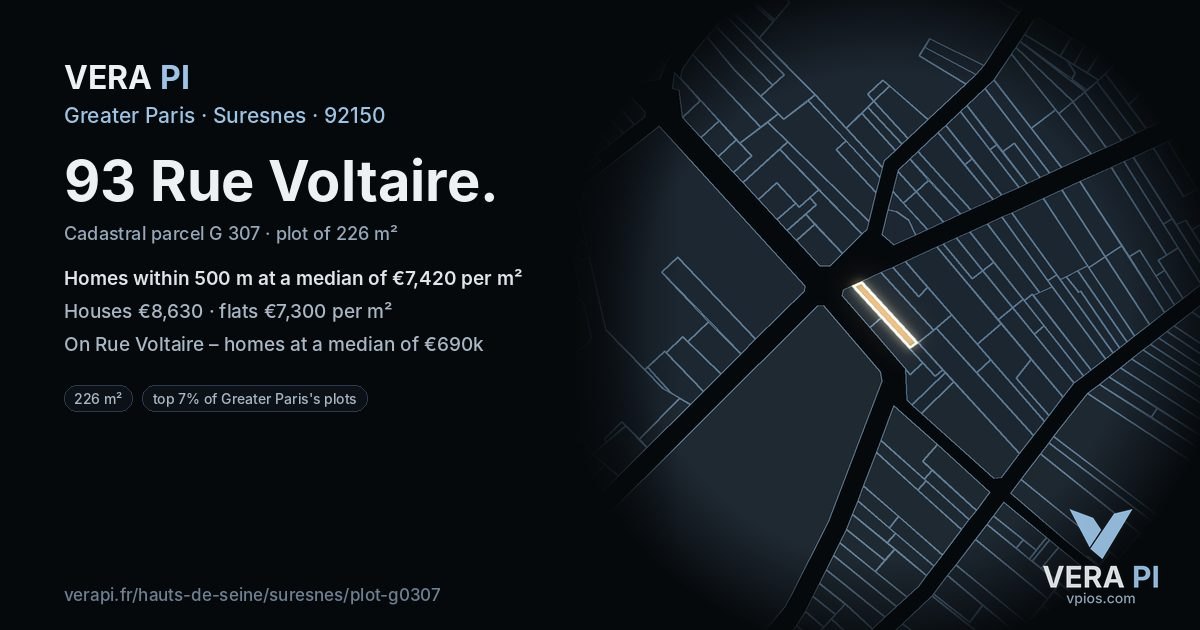 93 Rue Voltaire, Suresnes at night – the plot lit, the parcels around coloured by the prices near them