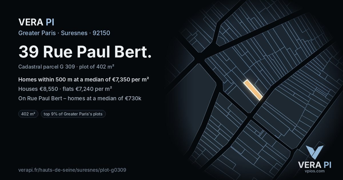 39 Rue Paul Bert, Suresnes at night – the plot lit, the parcels around coloured by the prices near them