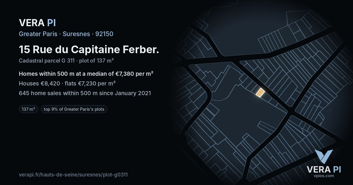 15 Rue du Capitaine Ferber, Suresnes at night – the plot lit, the parcels around coloured by the prices near them